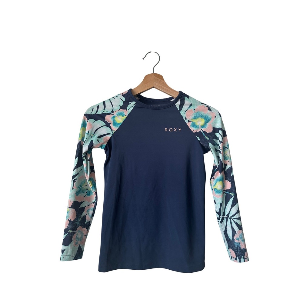 Roxy Girls Navy Blue Tropical Floral Rash Guard and Bikini Top Set Size 12 L